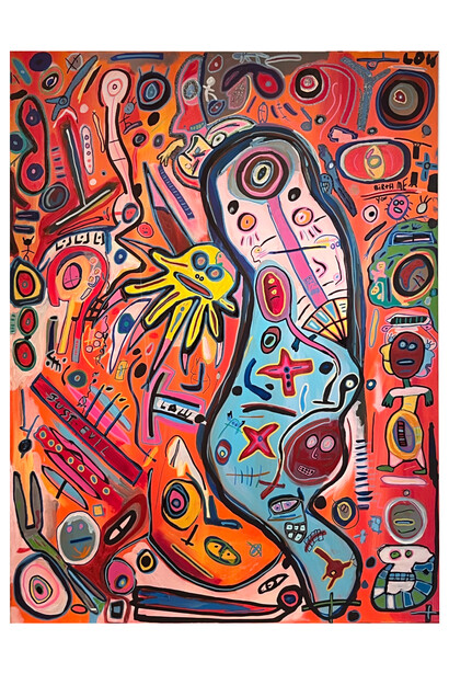 Joey Tepedino, God Licks Tuna Fish, 2022, mixed media on canvas, 48x36 inches. Courtesy the artist and Hal Broom Gallery