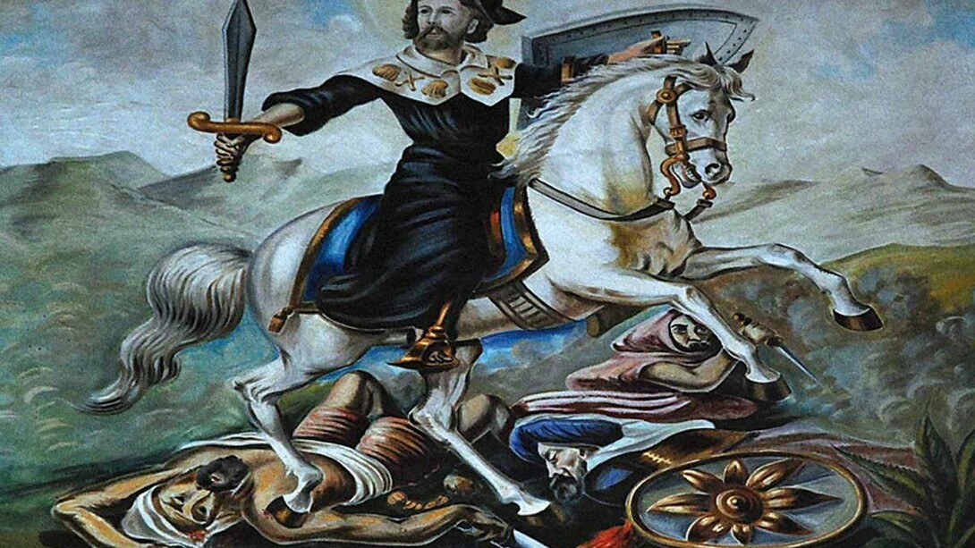 Pintura con la imagen de Santiago luchando. Iglesia de Santiago de Gáldar, Canarias