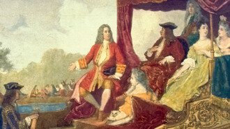 Pintura de George Frideric Handel (izquierda, con el brazo derecho extendido) con el rey Jorge I de Gran Bretaña, viajando en barcaza por el río Támesis mientras los músicos tocan en el fondo. La pintura es una representación artística de la primera interpretación de la Water Music de Handel en 1717. La barcaza del rey Jorge I sale desde Whitehall hacia Chelsea
