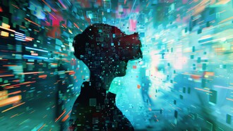 A figure surrounded by flowing data and virtual networks, symbolizing humanity's place at the center of the digital revolution