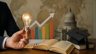 A symbolic representation of how government policy, education, and innovation work together to drive national economic competitiveness