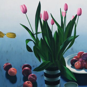 Bruce Cohen, Still life with backlit plums (detail), 2026. Courtesy of Berggruen Gallery