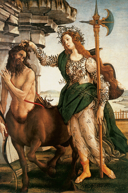 Sandro Botticelli, Pallas and the Centaur, c. 1482-1485. Tempera on canvas, 205 x 147.5 cm. Galleria degli Uffizi, Florence