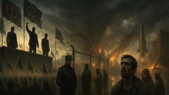 A dystopian vision of end-times fascism, where elites retreat into bunkers as authoritarian rallies rise and the vulnerable are left outside amid ecological collapse