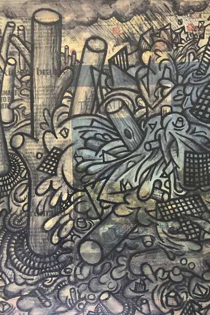 Deluge, carbon ink, newspaper on recycled cardboard, Mark Weighton, 2020