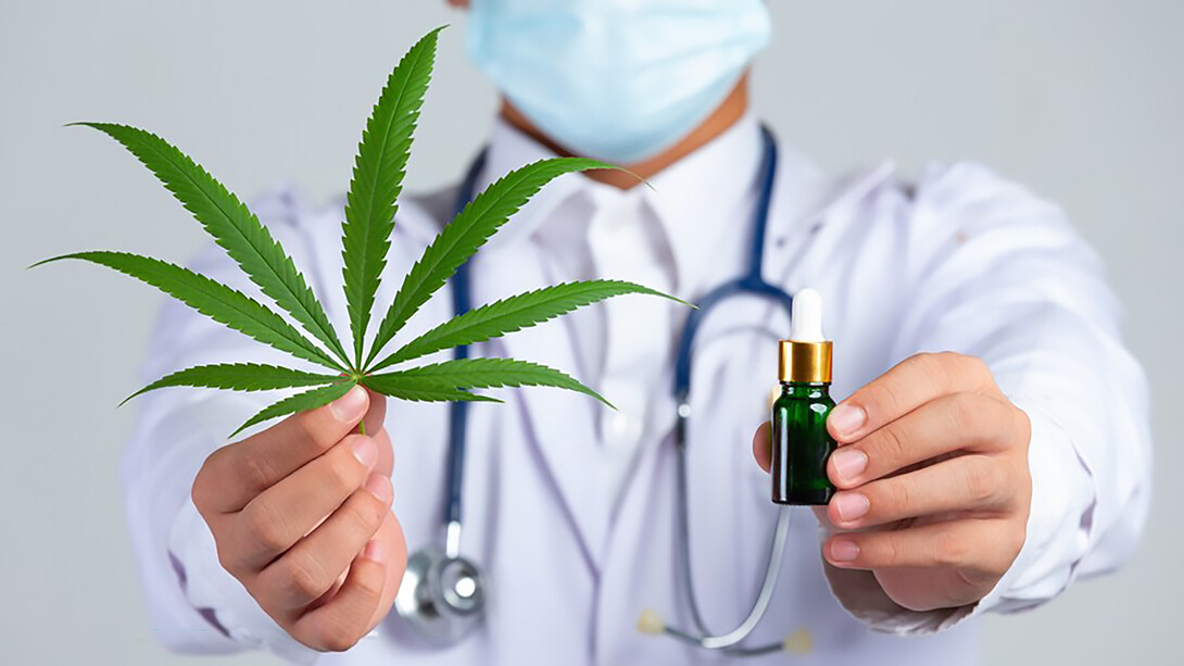 A healthcare professional presenting a cannabis leaf and cannabis oil bottle in front of a white wall, highlighting the therapeutic potential of medical cannabis
