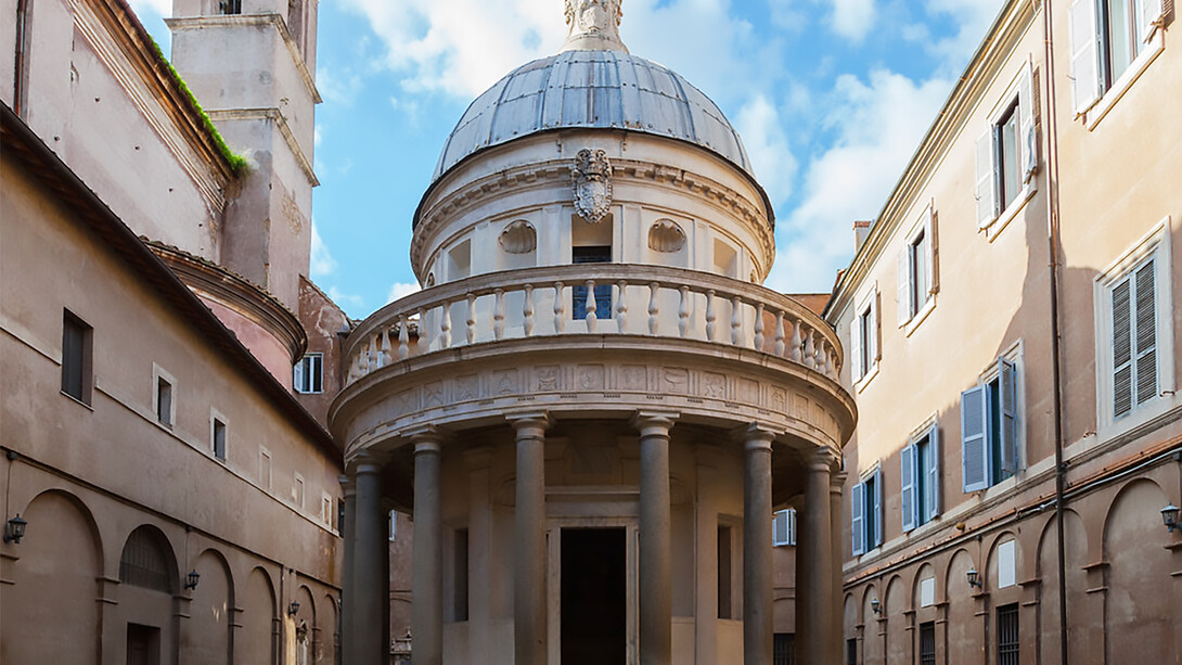 The Tempietto is a small commemorative tomb (martyrium) designed by Donato Bramante, to mark the location of the crucifixion of St Peter, San Pietro in Montorio, in Rome, Italy