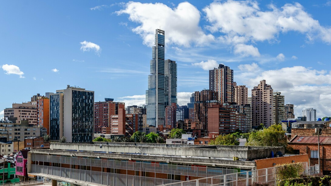 View of the Santa Fe skyline from the La Concordia market hall in Bogotá, Colombia.