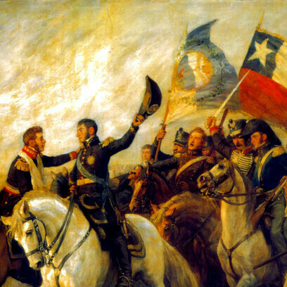 Pedro Subercaseaux stellt mit „Abrazo de Maipú“ die Feierlichkeiten nach dem Sieg in der Schlacht von Maipú dar, 5. April 1818