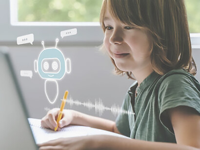 A child explores AI technology through an interactive chatbot system on a computer or mobile app, highlighting the futuristic potential of artificial intelligence in education