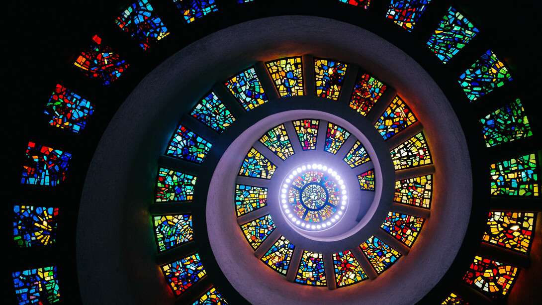 Spiraling stained glass windowed ceiling of the Thanks Giving Chapel in Dallas, Texas, USA recreates the Fibonacci sequence