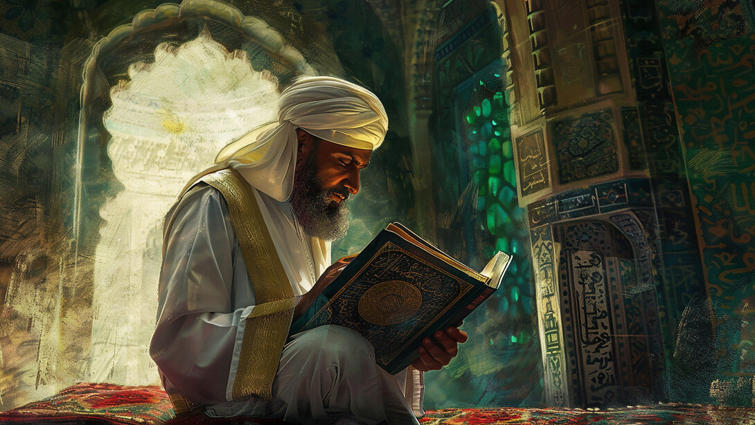 An illustration of Imam al-Bukhari, the renowned Islamic scholar, depicted with his scholarly attire, deeply immersed in the study and compilation of hadiths