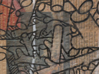 Kindling, carbon ink, newspaper on cardboard Mark Weighton, 2022