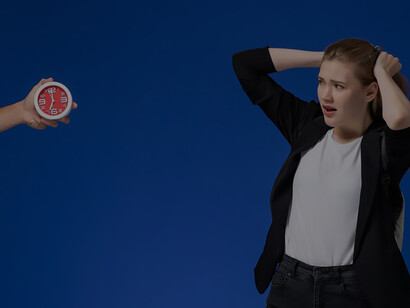 A compelling visual narrative as a woman stands resolute against the backdrop of time, portrayed by a hand holding a clock, evoking themes of resilience and self-reflection in the face of life's inevitable progression