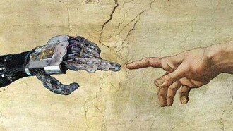 Reinterpretazione della creazione di Adamo con mano di robot