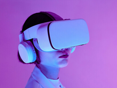 A woman wearing a a VR headset