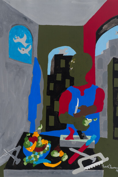 Jacob Lawrence, Builders-builder with pear, 1998. Courtesy of DC Moore Gallery
