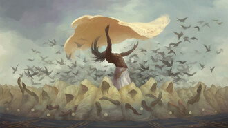 Painting of a male figure performing a ritual dance with crows, wearing a cloak