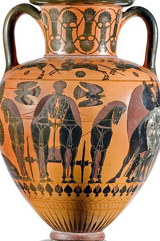 Ancient mythology: Heracles faces triple Geryon on a neck amphora