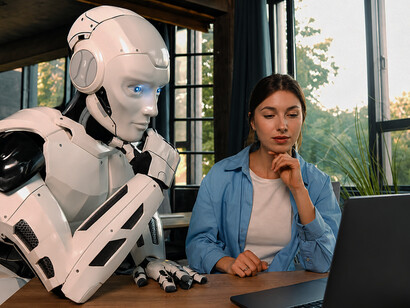 Woman collaborating with a humanoid robot while working on a laptop in a modern office environment