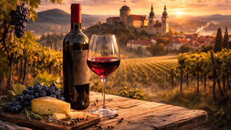 Egri Bikavér at golden hour, where Hungary’s legendary Bull’s Blood meets the rolling vineyards of Eger in a moment of quiet elegance