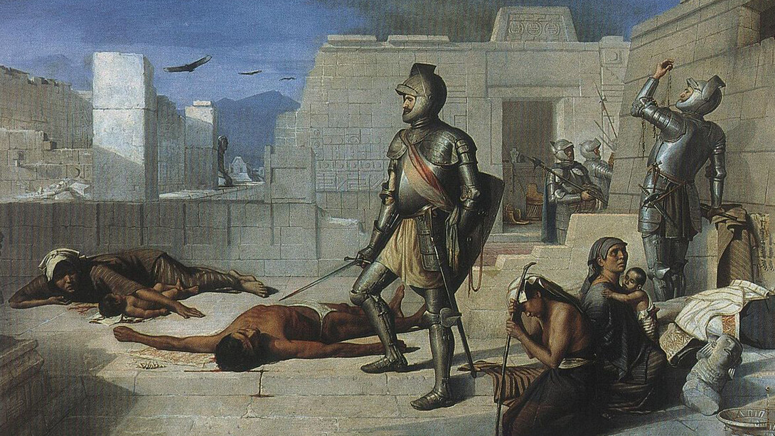 Parra, Félix. "Escenas de la conquista. La matanza de Cholula". 1877. Óleo sobre tela, 68x109 cm. Museo Nacional de Arte, INBA Acervo Constitutivo, 1982