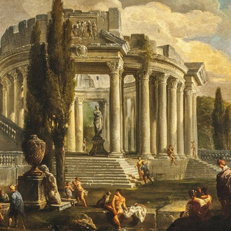 Giovanni Paolo Panini
Italian, 1691–1765
Landscape with Ruins
ca. 1715/18
Oil on canvas
29 x 39 3/8 in. (73.7 x 100 cm)
Sidney and Lois Eskenazi Museum of Art, Given in memory of Marguerite Lilly Noyes by Thomas T. Solley