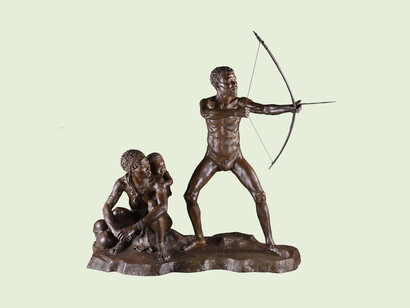 Malvina Hoffman, A bronze sculpture depicting an adult man standing with a bow and arrow drawn. Next to him, an adult woman sits with a child on her back. Courtesy of Field Museum