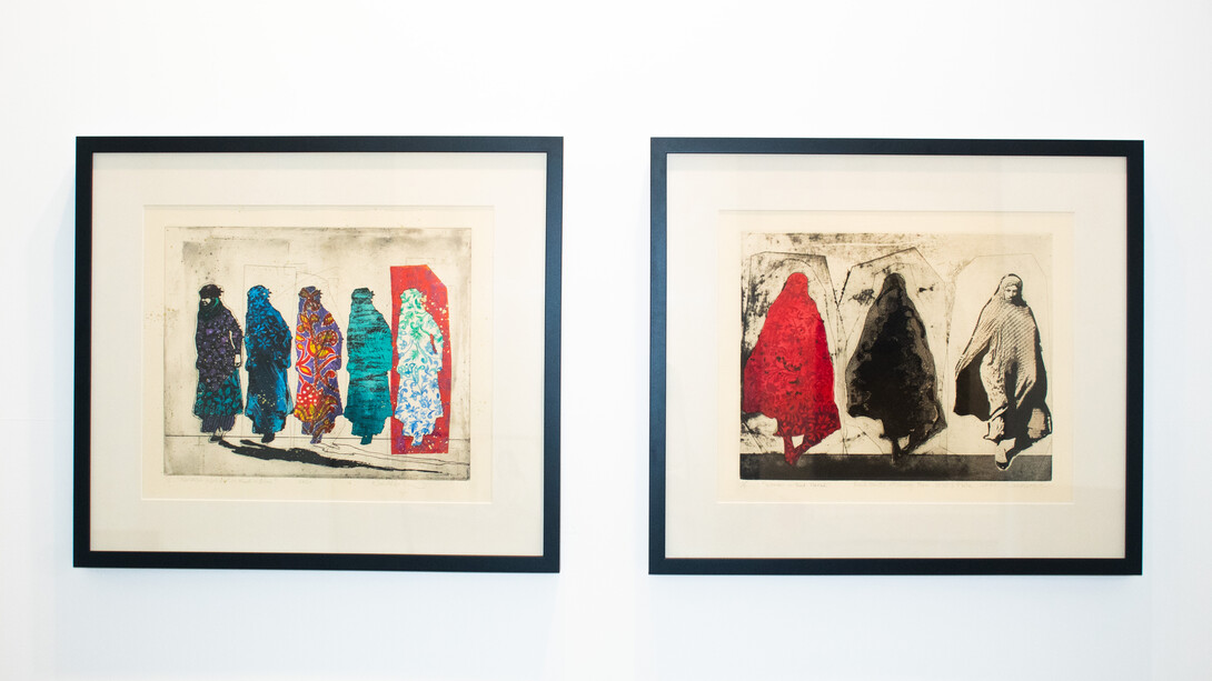 Nahid Hagigat, Kurdish women in red and blue, 2021; Nahid Hagigat, Woman in red floral, 2024. Courtesy of Nahid Hagigat and Advocartsy Gallery