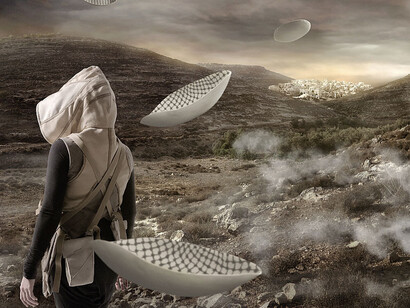 Larissa Sansour and Søren Lind, video capture from In the future they ate from the finest porcelain, 2015. Courtesy of Museum of the Institut du monde arabe