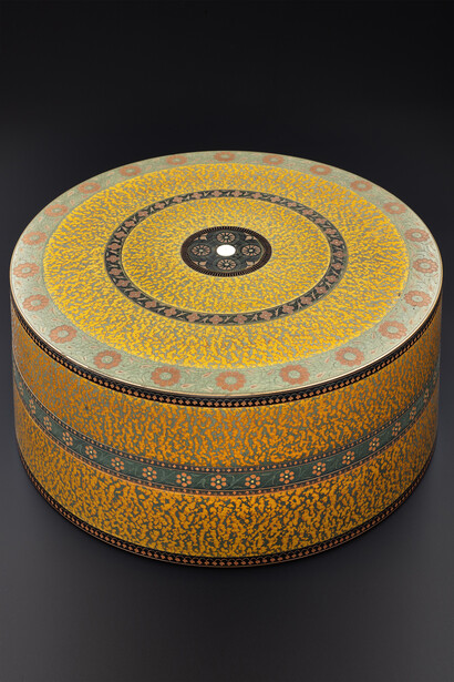 Wooden box decorated with coloured lacquer. Made circa 1850 and exported by the East India Company to Britain