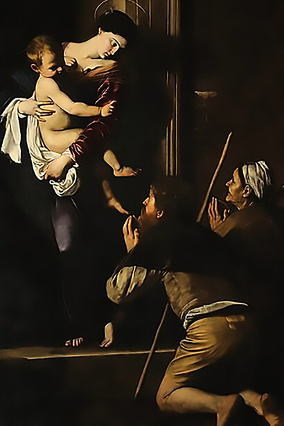 Altarpiece of the Cavaletti Chapel in Sant' Agostino in Rome, scene: Madonna of the Pilgrims, by Michelangelo Merisi da Caravaggio