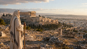 A contemplative figure overlooking an ancient city, symbolizing the origins of freedom shaped by faith and reason