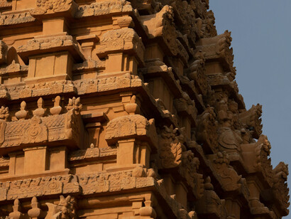 Close up of the side sculptures of the Thanjavur Great Living Chola Temple, Tamil Nadu, India