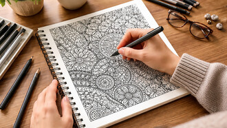 A person creates intricate Zentangle patterns in a notebook, focusing on mindful and detailed drawing
