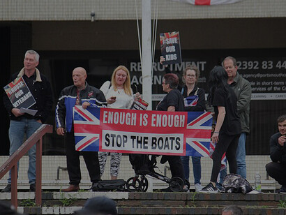 Far-right protesters gather in Portsmouth, voicing their opposition with provocative displays, United Kingdom