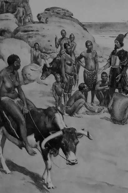 The Portuguese and Hottentots, from page 74 of "Pioneers in South Africa"