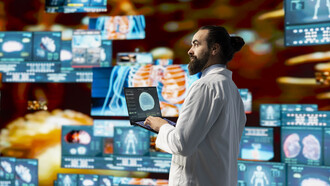 Doctor using digital tools and AI-powered health systems to deliver personalized care