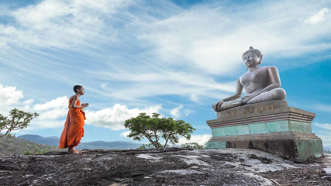 A metaphorical representation of the impact and influence of Wind in Traditional Chinese Medicine as witnessed by a young Chinese monk in front of a Buddha statue