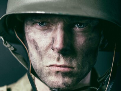American soldier gazes into the distance