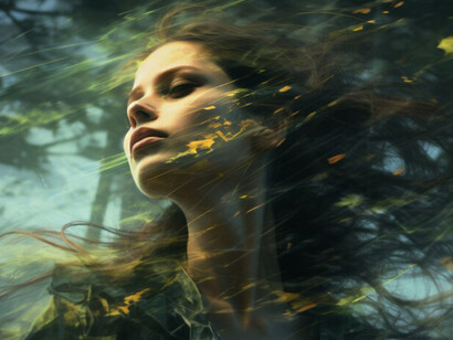 Digital portrait of an adult woman showcases a captivating blend of artistry and emotion