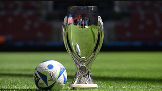 European Super Cup Final 2024 — the trophy placed on the pitch beside the match ball