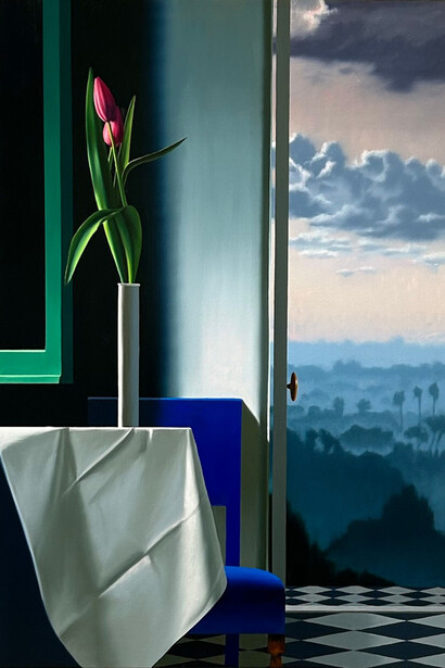 Bruce Cohen, Interior with two tulips and sunset landscape, 2024. Courtesy of Berggruen Gallery