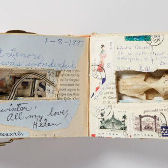 Lenore Tawney, Artist book with rodent skull, c. 1985; paper, bone, and ink; 4 x 5 3/4 x 3 1/2 in. Courtesy of the Lenore G. Tawney Foundation, New York. Photo: Rich Maciejewski, 2018.