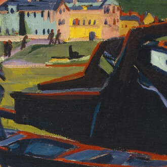 Ernst Ludwig Kirchner
German (also active in Switzerland), 1880–1938
Boats on the Elbe in Dresden (Boote auf der Elbe bei Dresden)
1910 (reworked ca. 1920)
Oil on canvas
24 3/8 x 34 ¾ in. (61.9 x 88.3 cm)
Sidney and Lois Eskenazi Museum of Art, Jane and Roger Wolcott Memorial, Gift of Thomas T. Solley