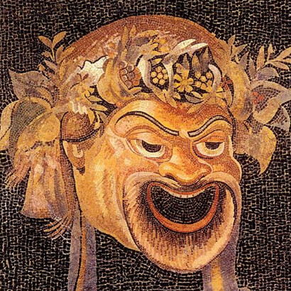 Maschere della tragedia e della commedia dalle Terme Deciane, mosaico. Roma, Italia