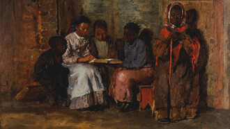 "Sunday morning in Virginia", by Winslow Homer, 1877. A family in a slave cabin with children being taught how to read from the Bible