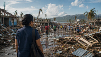 A social worker walking through debris and broken homes, reflecting the responsibility to listen, support, and rebuild