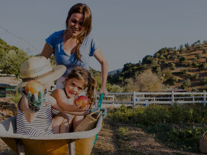 Mother and daughters enjoying countryside holiday in Europe, with smiling woman pushing two kids seated in wheelbarrow through rural landscape