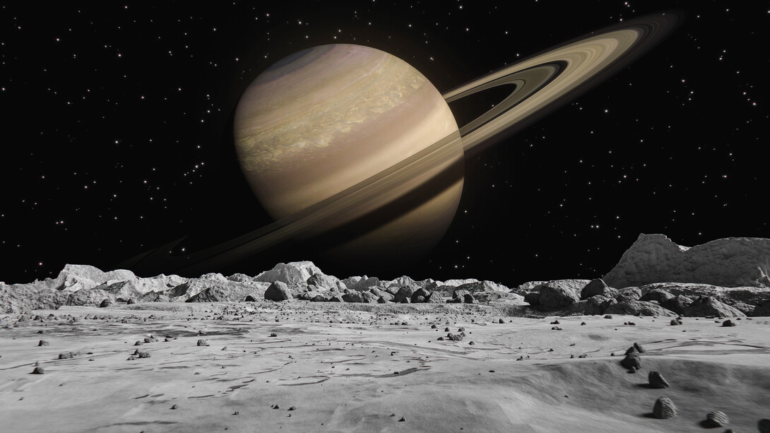 Gazing from the lunar surface, one is treated to a spectacular vista of Saturn, a celestial marvel suspended in the cosmic tapestry, offering a truly awe-inspiring spectacle